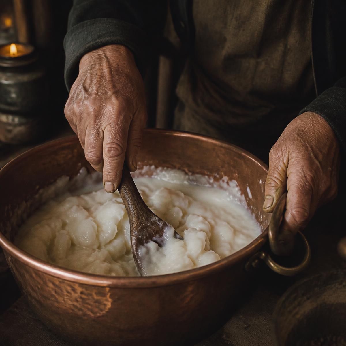 Hands preparing tallow in a copper bowl